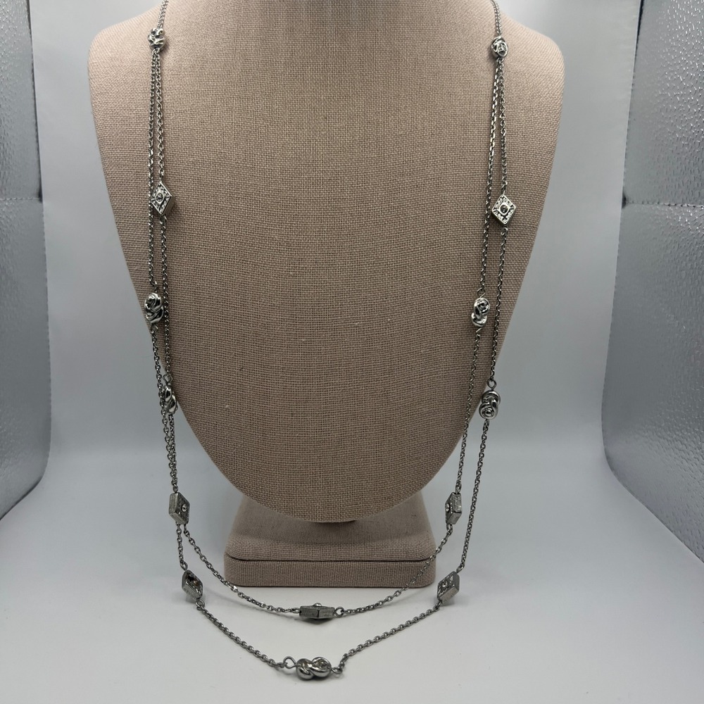 Silver Tone 36" Chain Belt Long Layered Necklace Rhinestone Spiral Bead